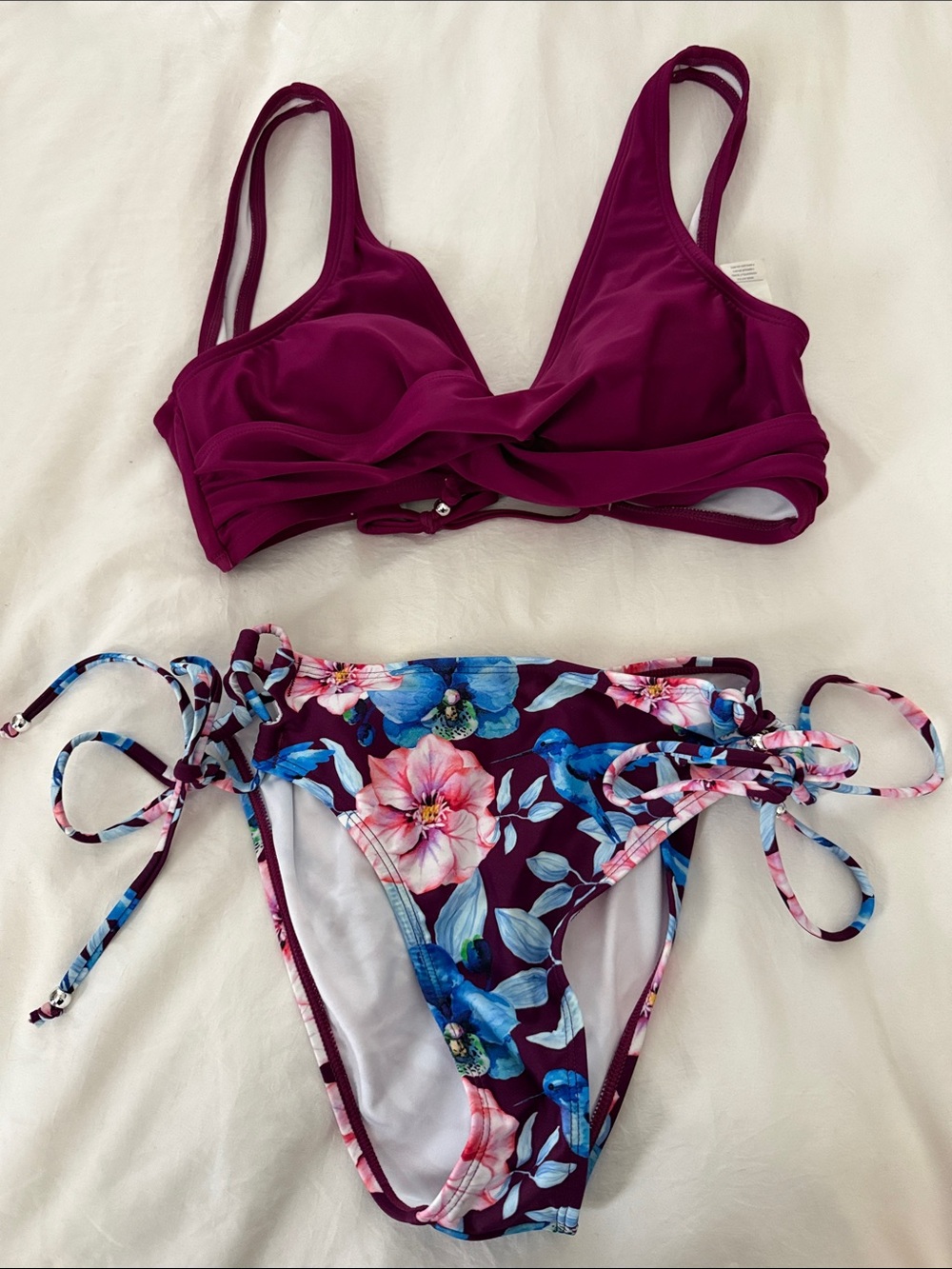 Plum Two-Piece Bikini Set with Floral Tie-Side Bottoms